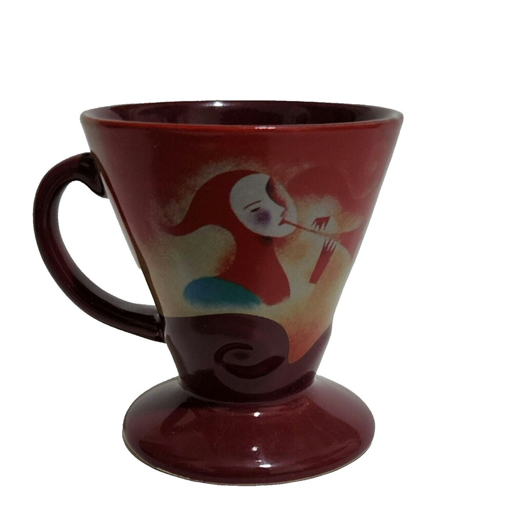 Vintage 1999 Linda Frichtel Signed Footed Espresso Coffee Cup Harlequin Red